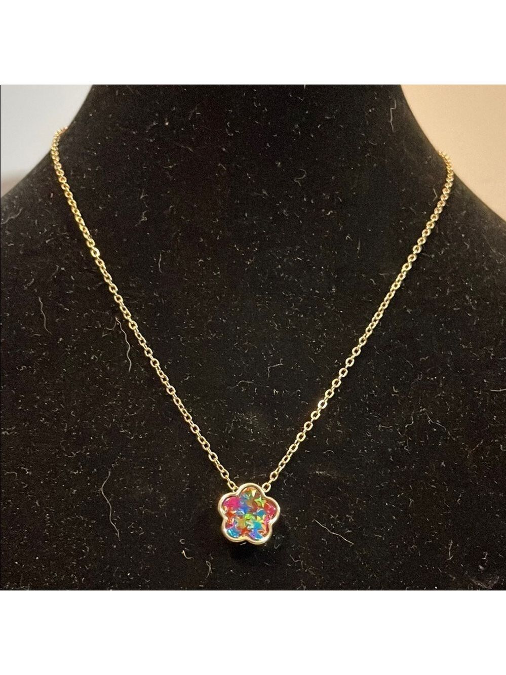 Dainty Gold Necklace with Vibrant Flower Pendant 16”/ 2” Ext NWT